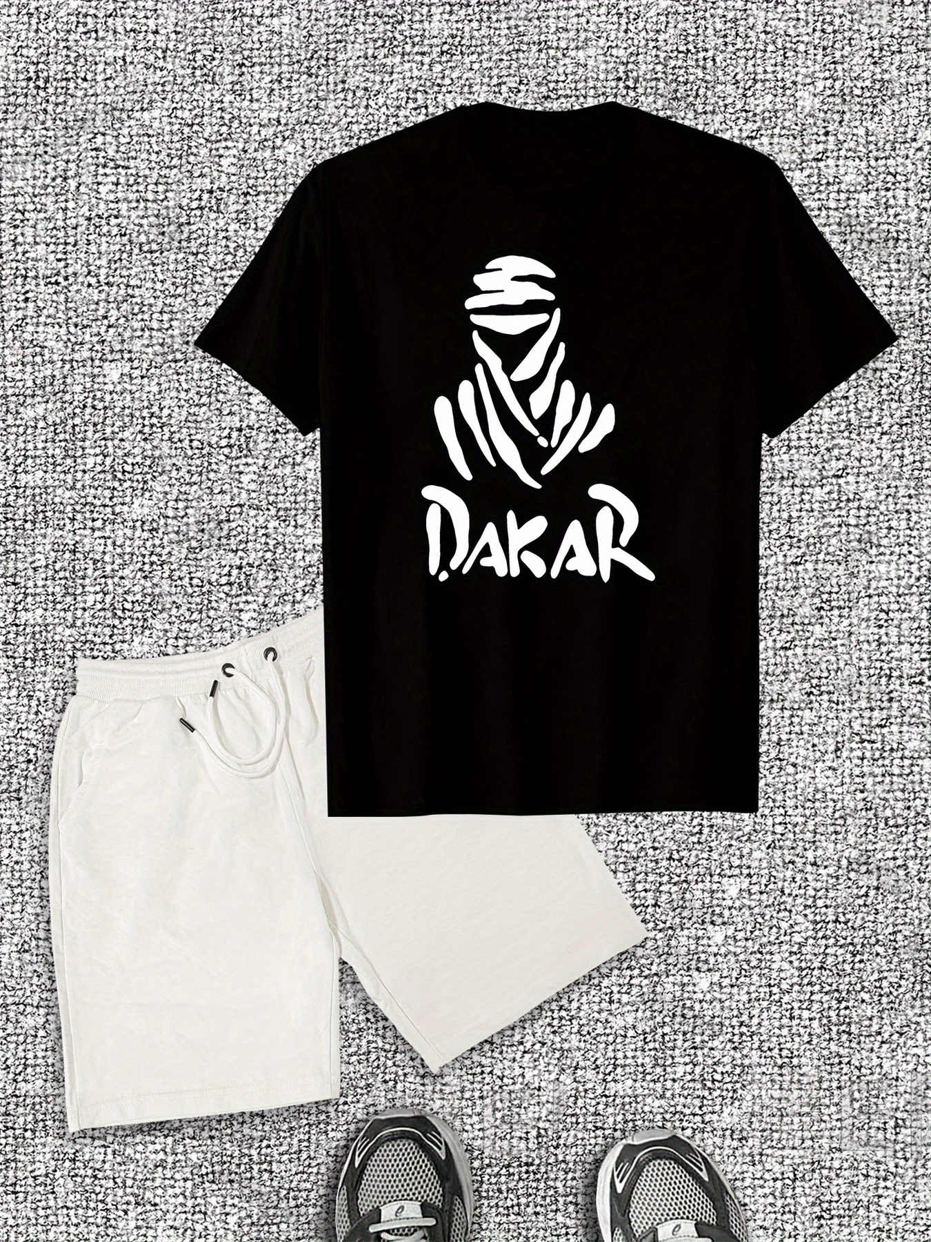 Men'S Casual Summer Shorts and T-Shirt Set, Solid Color, Cotton, Regular Fit, with Graphic Print Tee and Drawstring Shorts, for Casual Attir