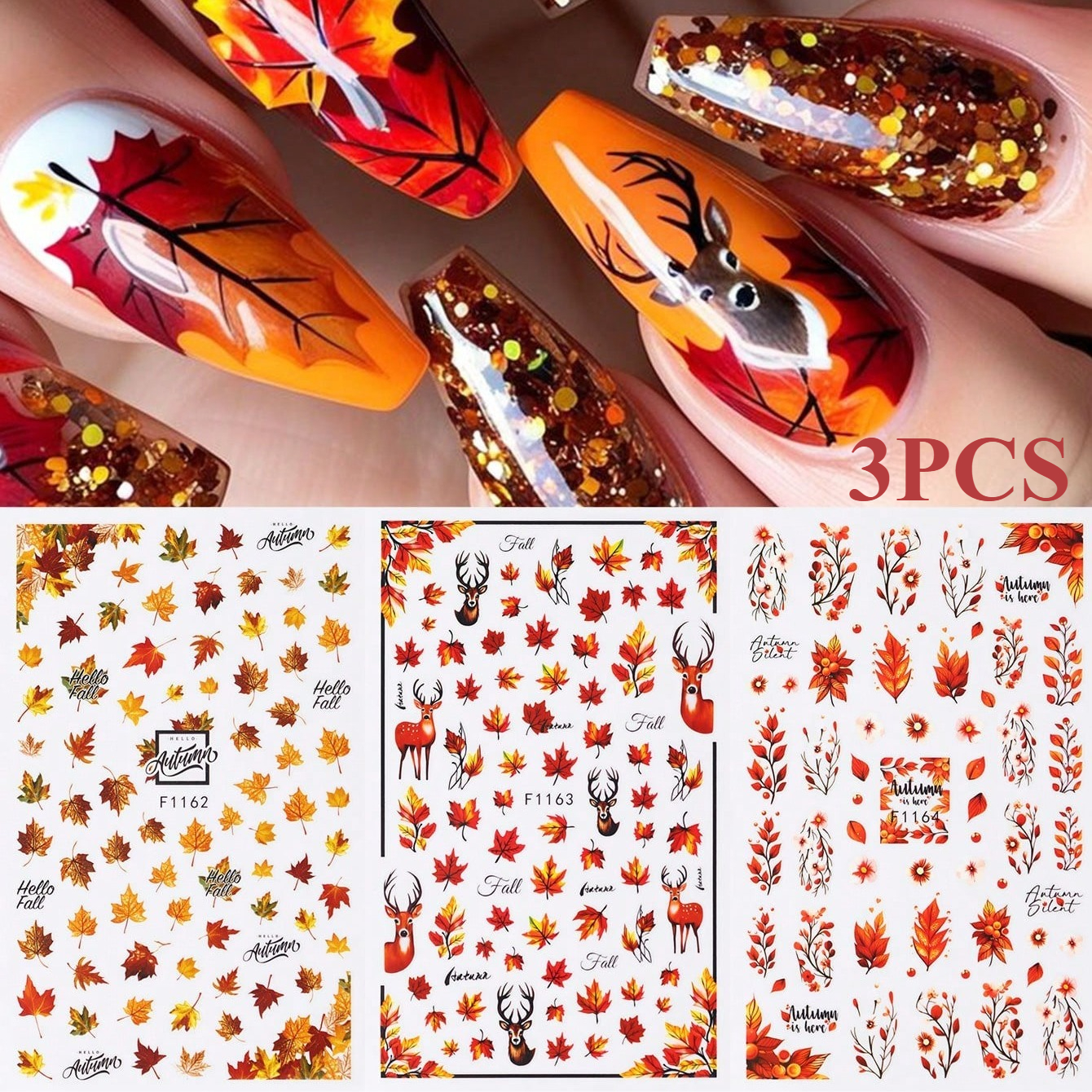 TEMU Lot de 3 autocollants pour ongles 3D rétro feuilles d'érable d'automne et , décalcomanies de de dessin et , breloques pour ongles à feuille