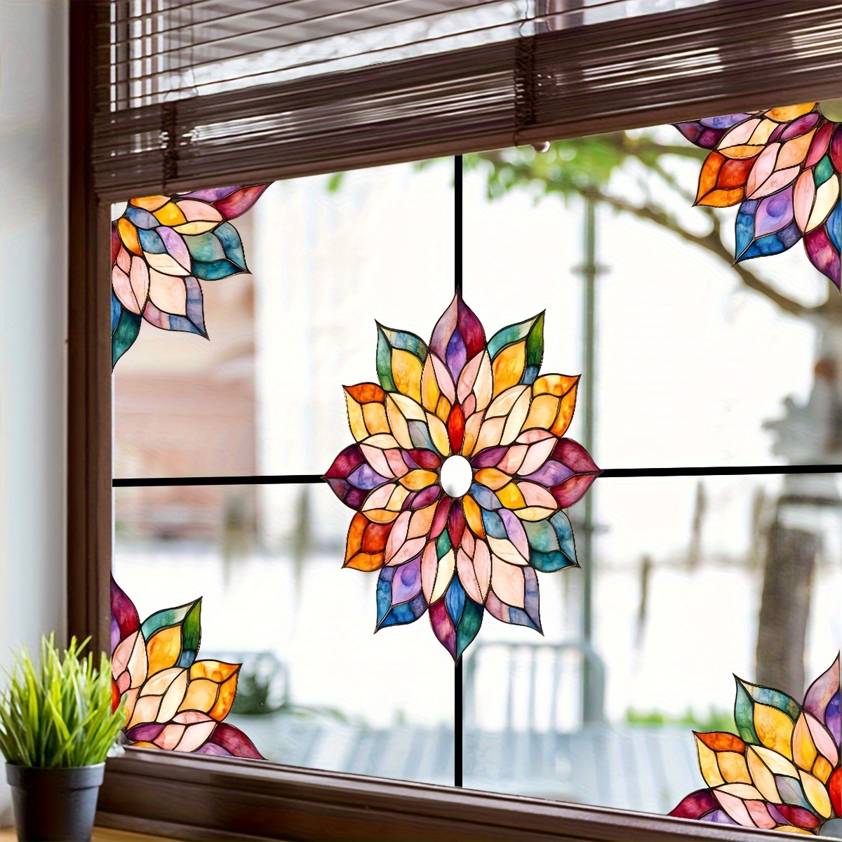 E-shop wiederverwendbarer statisch haftender Fensteraufkleber mit Mandala-Farbverlauf Blumenmuster – waschbarer PVC-Aufkleber, geeignet für