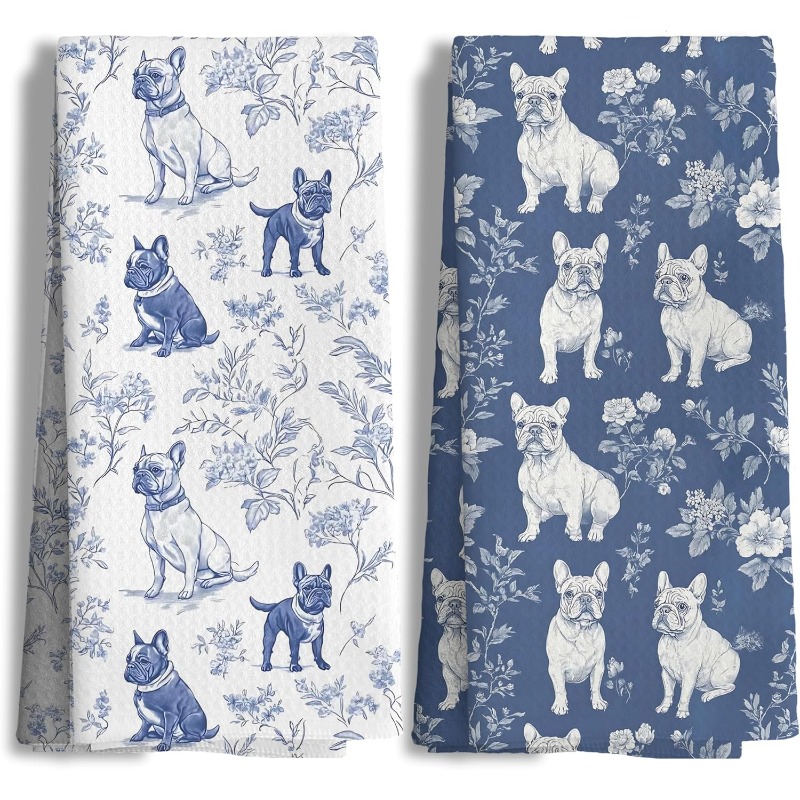 TEMU French Bulldog Floral Pattern Blue White Pattern Printed Kitchen Towels, Neighbor Gift Mom Gift, Birthday Gift, Sweet Housewarming Gift For ,