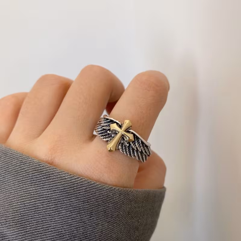 original retro wings cross graffiti letter opening ring domineering mens ring Product details 0