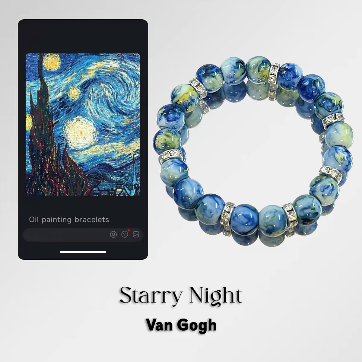 TEMU Vintage Oil Painting Series Natural Stone Beaded Bracelet, Featuring Van Gogh's 'starry Night' Color Scheme, Elastic Cord Skin-friendly Jewelry,
