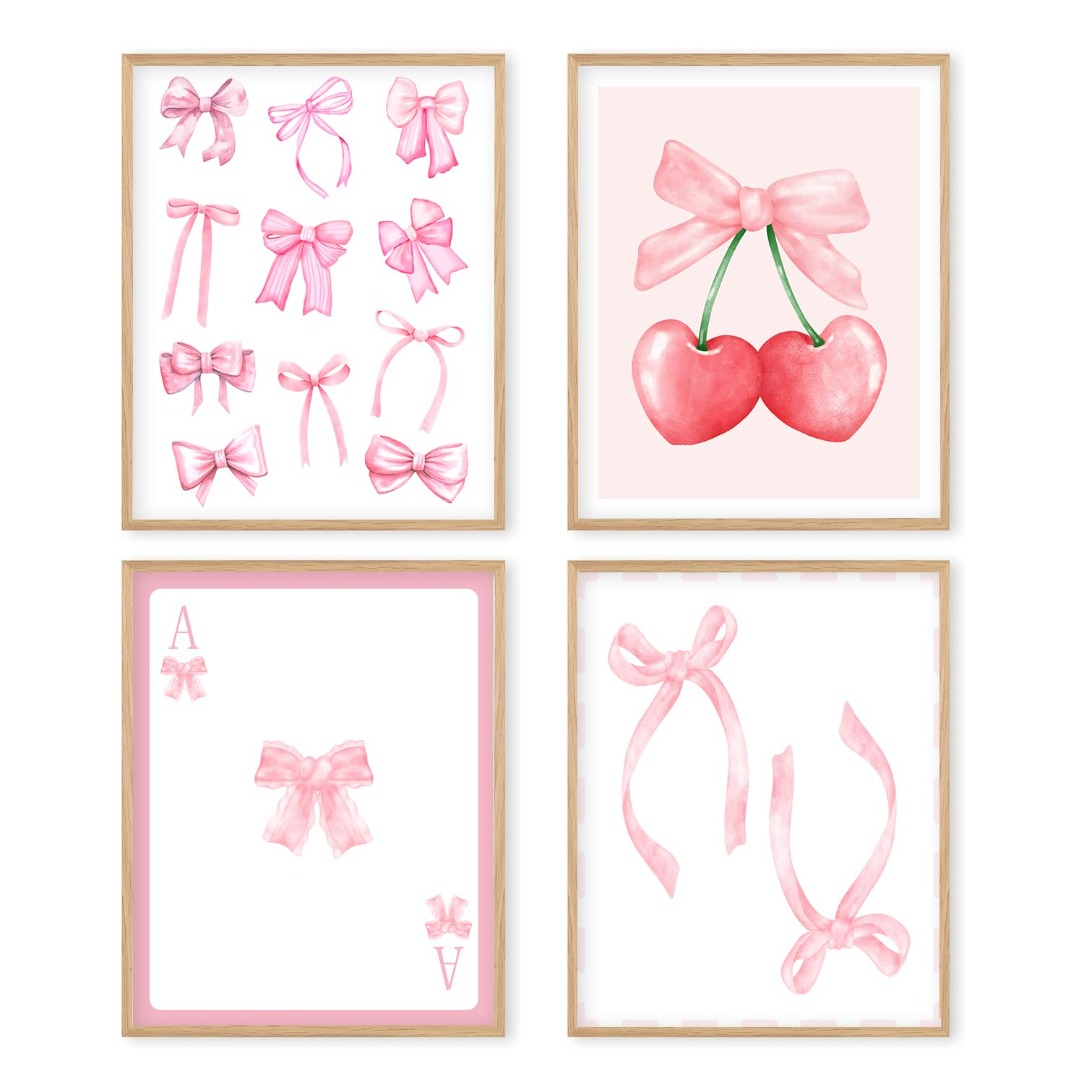 TEMU 2d Flat, 4pcs Preppy Pink Coquette Bow Wall Art Posters - Suitable For Room Decor, Bow-themed Bedroom Decorations, Pink Bow Posters For Room,,