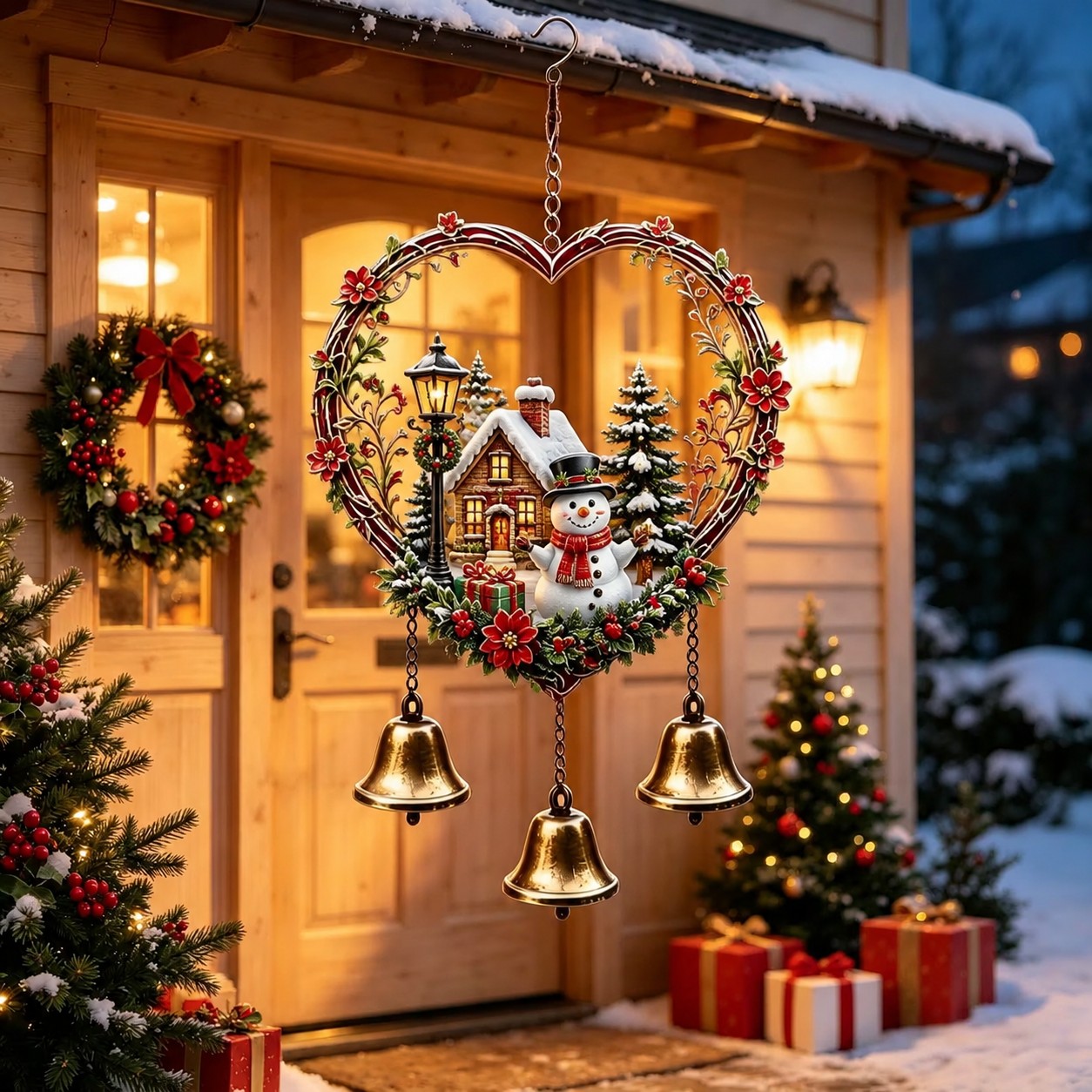 TEMU Carillon à Vent de Cœur avec Chalet de Neige de Noël et Clochettes en Métal. Clochettes Vintage en Cuivre Métallique Produisant un Tintement .