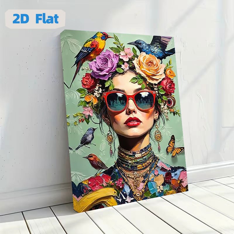 TEMU 2d Flat, 2d Flat, 1pc, Wooden Framed Canvas Painting Poster, Colorful Floral And Bird Portrait Art Canvas Painting, Modern Poster Canvas For