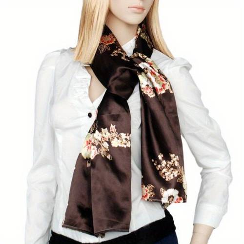 small silk scarf wrap shawl brown floral pattern with golden accents exquisite elegant comfortable lightweight versatile accessory for women