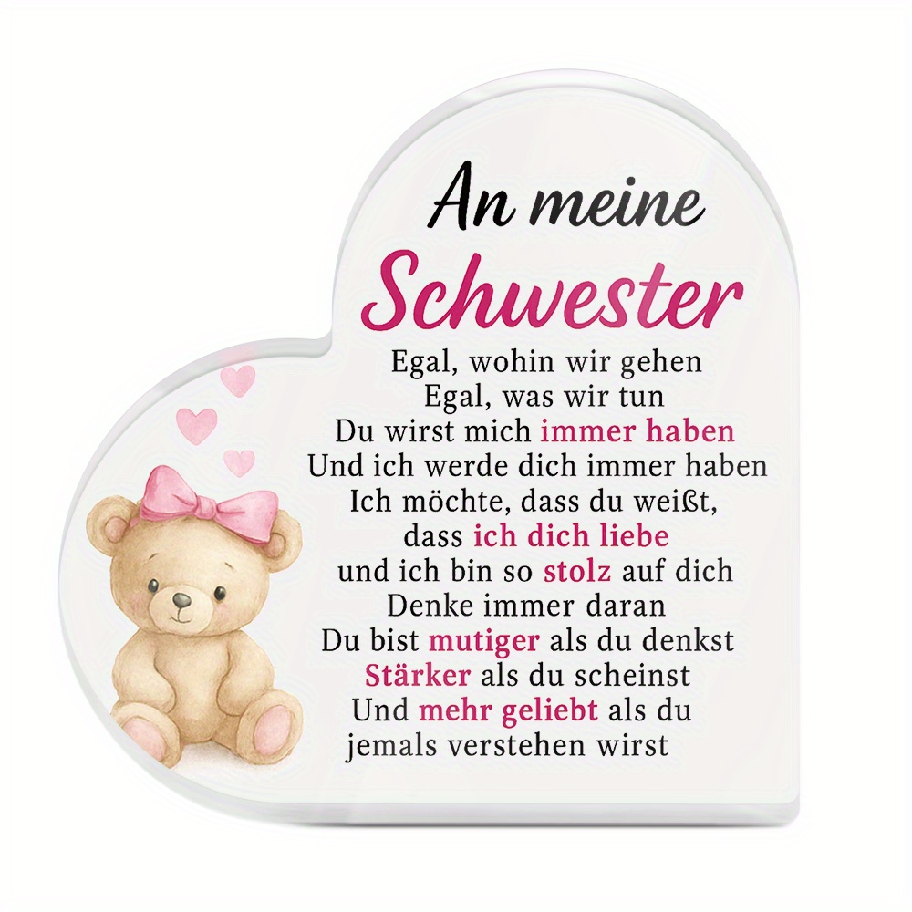 TEMU 2d Flat, 1pc Putuo Decor German Heart-shaped Acrylic Table Decor - Sister Gift With Message & Teddy Bear Cutout, 2d Flat Contemporary Design For