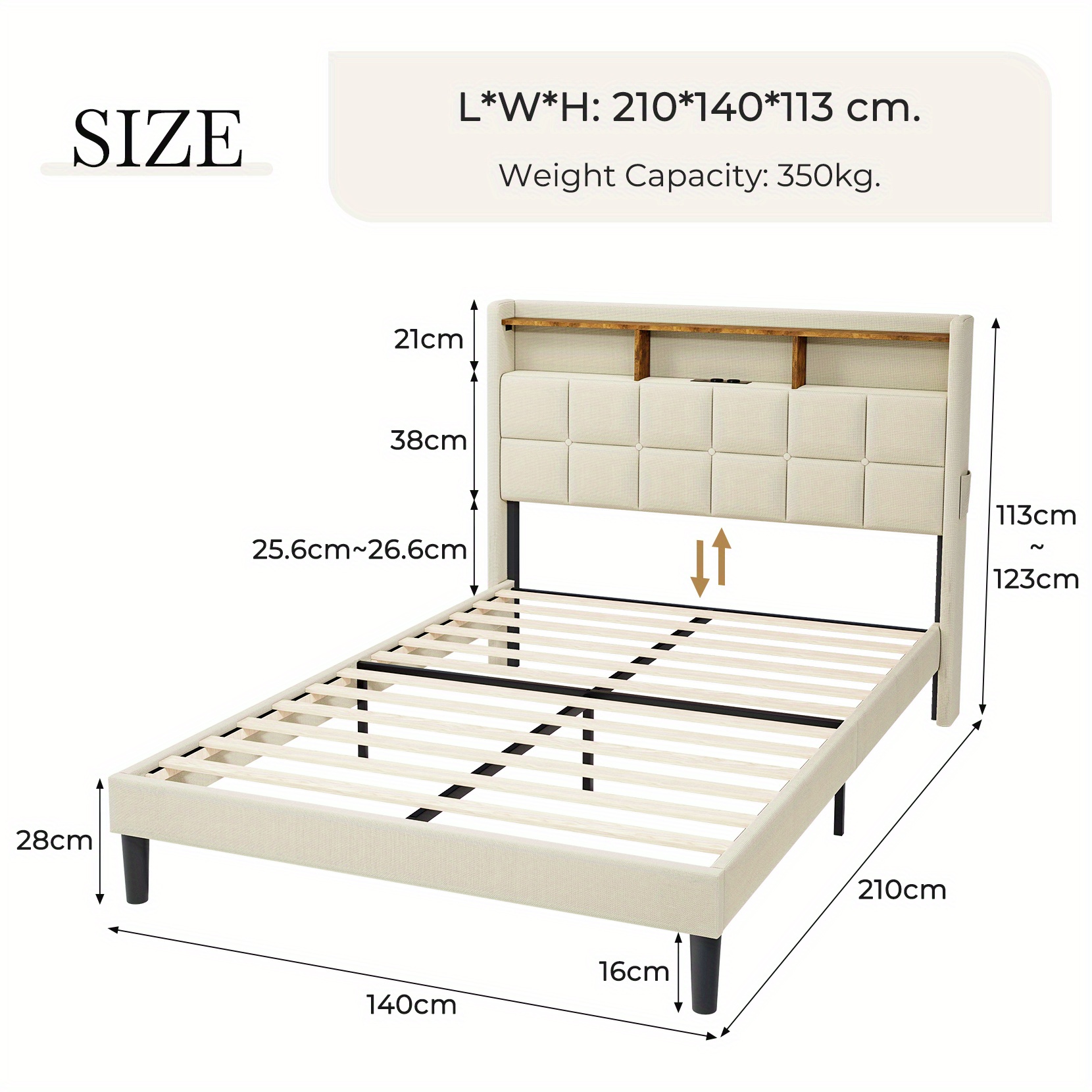 Linen Fabric Upholstered Platform Bed Frame With Headboard Shelf Storage