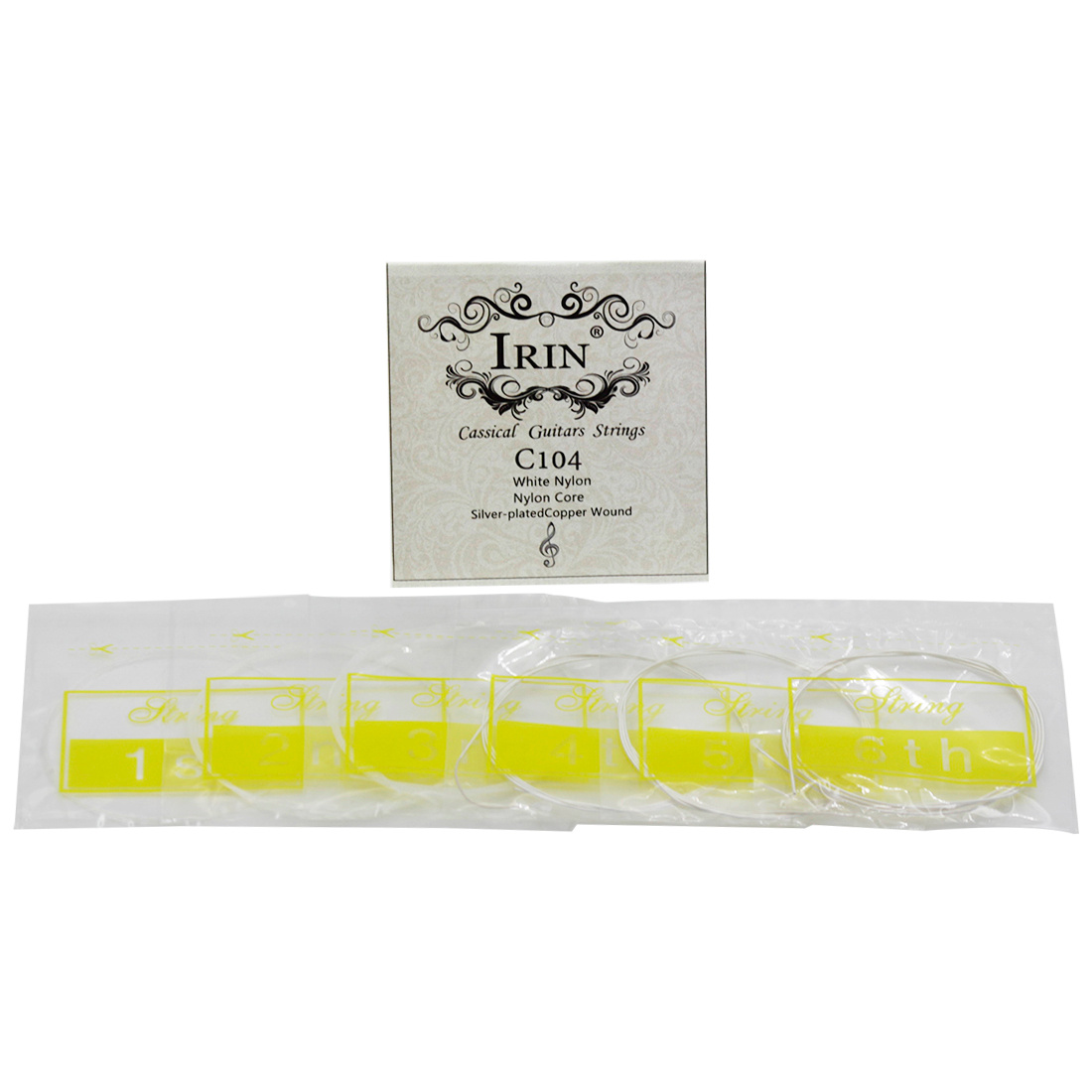 TEMU Irin C104 Classical Guitar Strings Transparent Nylon Plain Strings Nylon Core Silver-plated Copper Alloy Wound Strings Pvc Bag (6 Strings