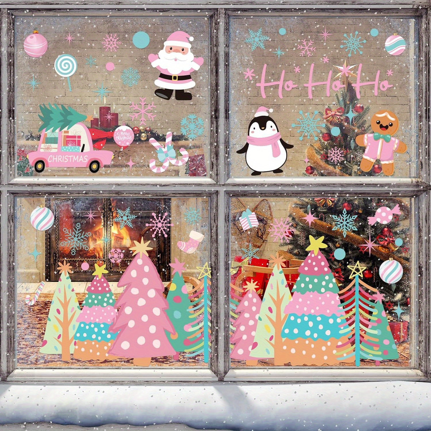 Pink Christmas Window Decorations Featuring Trees, Snowflakes, Santa, And Reindeer For Festive Party Decor