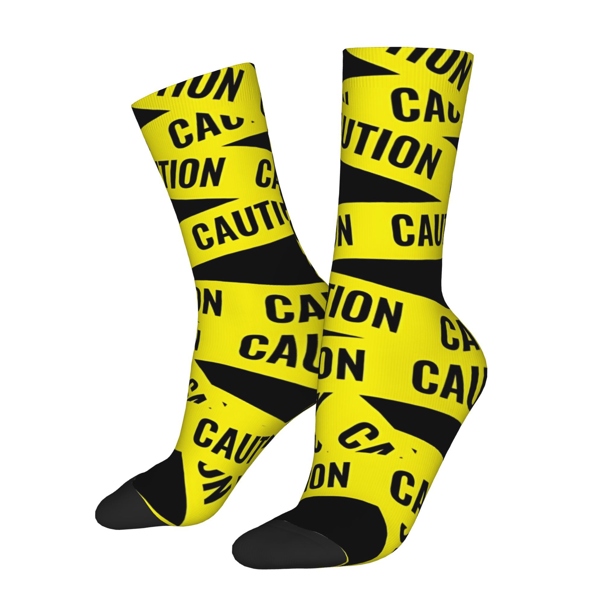 TEMU 1 Pair Funny Caution Tape Wrapping Socks - Tape (caution & Warning Print) Novelty Crew Socks For Themed Parties, Casual Attire - Random Print