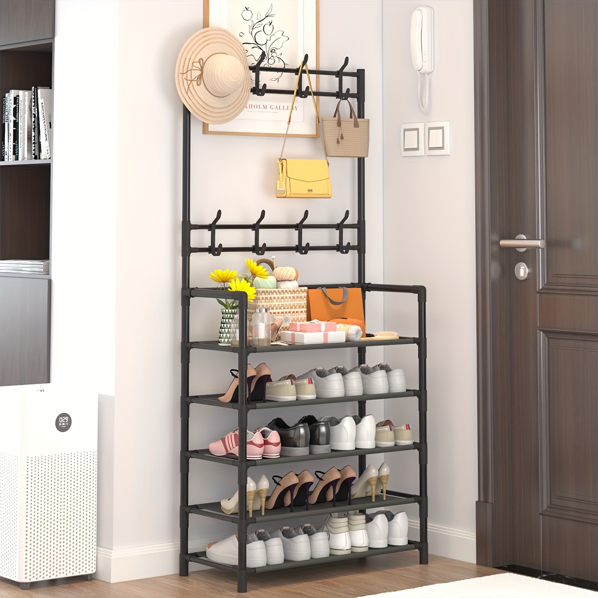Heavy-Duty 5-in-1 Valet & Suit Stand with 8-Hook Coat Rack, Shoe & Umbrella Holder - Stainless Entryway Storage Organizer Suitable for Hallway, Mudroom, Foyer - Space-Saving Freestanding Furniture, Easy Assembly for /Office/Hotel