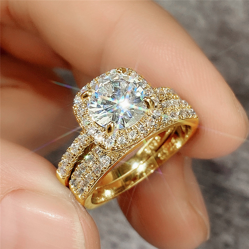 Image of 2pcs/set Classic Luxury Inlay Sparkling Synthetic Zirconia Square Ring For Women Weddings Parties Exquisite Accessories Romantic Proposal Rings Couple Rings
