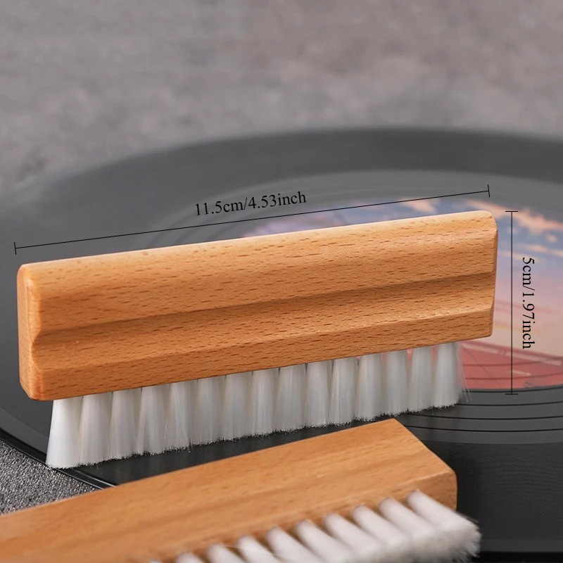 TEMU Brosse de nettoyage -poussière pour disques vinyles avec manche en hêtre naturel - Nettoyant antistatique à poils souples, dépoussiéreur pour