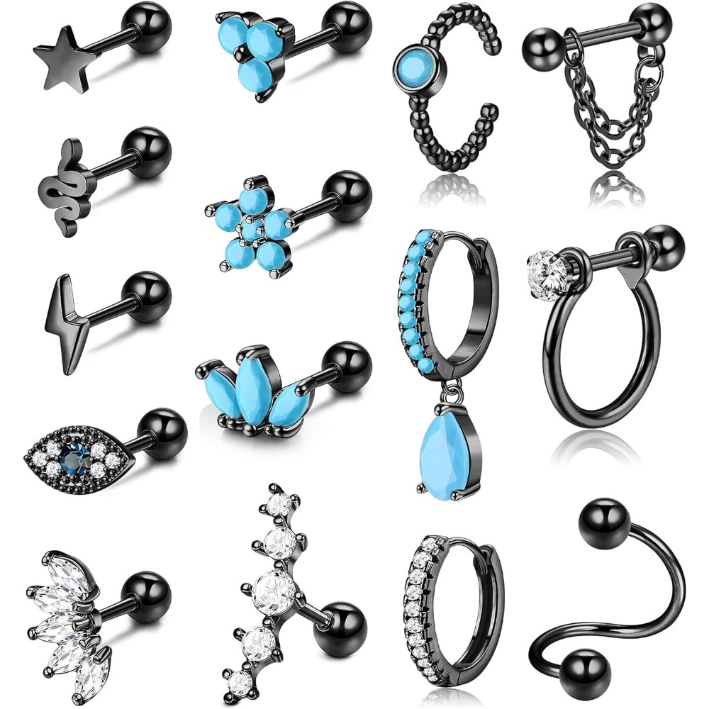 Image of Bohemian Turquoise Cartilage Earring Set - Spiral Flower Snake Cuff Hoops & Studs Suitable For Helix Conch Piercing Jewelry, Hoops For Daily Wear, Parties, Piercing