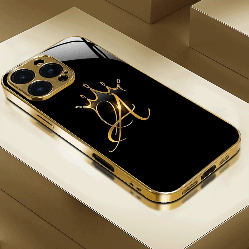 TEMU Phone Case - Crown Electroplated Golden Glass Phone Case Suitable For Iphone 16 Pro Max/16e/15 Pro/14 Plus/13 Pro Max/12/11 Pro, Trendy And