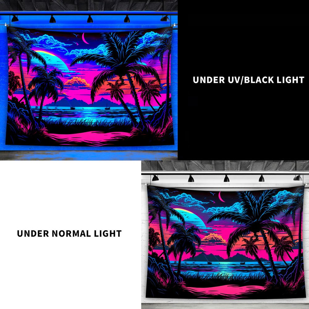 Retro Anime Beach Sunset Tapestry Fluorescent Uv Neon Palm Trees_voghion.com