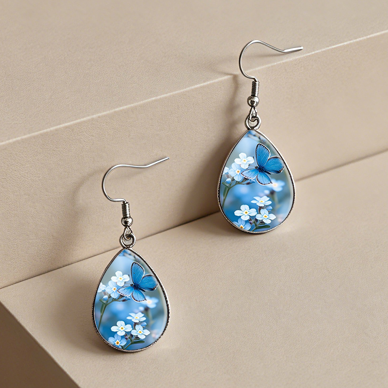 Unisex Blue Butterfly with Forget-Me-Not Tear Drop Earrings