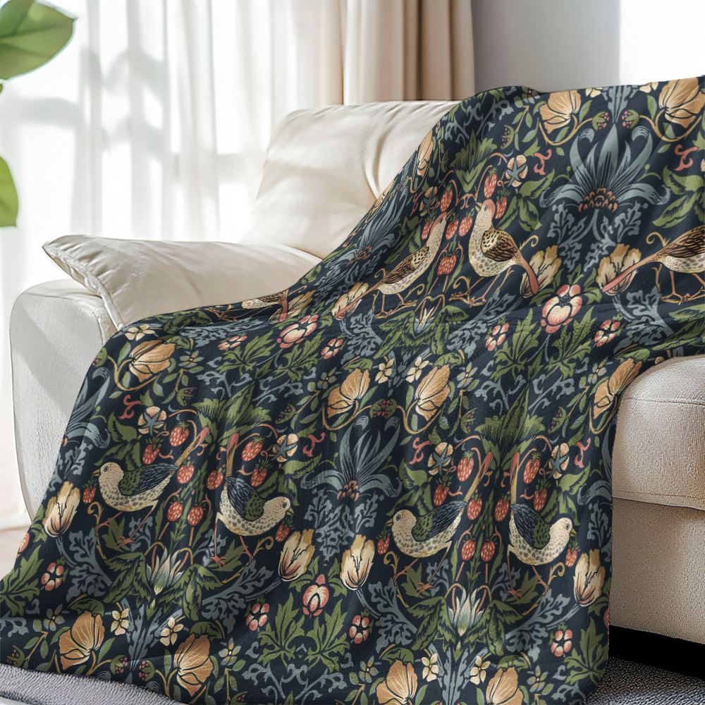TEMU 1 Vintage Strawberry Bird And Plant Vine Flannel Blanket - Soft And Comfortable Bedspread/throw, Decorated With Bird And Strawberry Patterns,