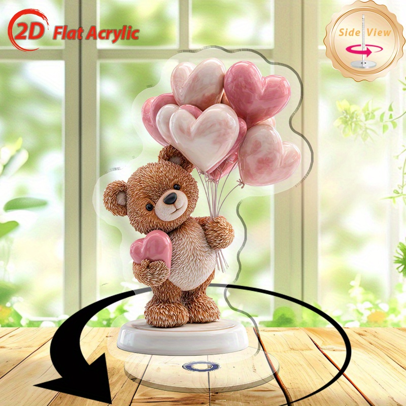 TEMU Decorazione da scrivania 2D piatta - Orsetto in acrilico 2D - un orsetto marrone che un palloncino rosa a forma di cuore, un delicato ornamento
