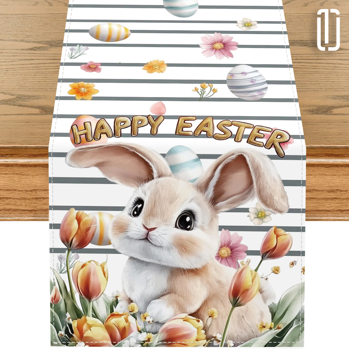 

1pc Festive Easter Table Runner - 13x72 Inch, Polyester, Cute Bunny & Colorful Eggs Design With "" Golden Lettering, Striped Accents For Spring Holiday Dining Decor, Machine-woven, Tablecover Decor