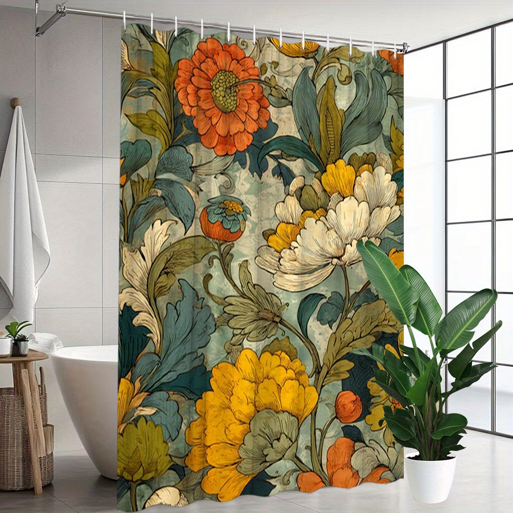 TEMU 2d Flat, 1pc Vintage Watercolor Plant And Curtain And White Flowers On A Textured Turquoise Background, Machine Washable Bathroom Decor, Comes