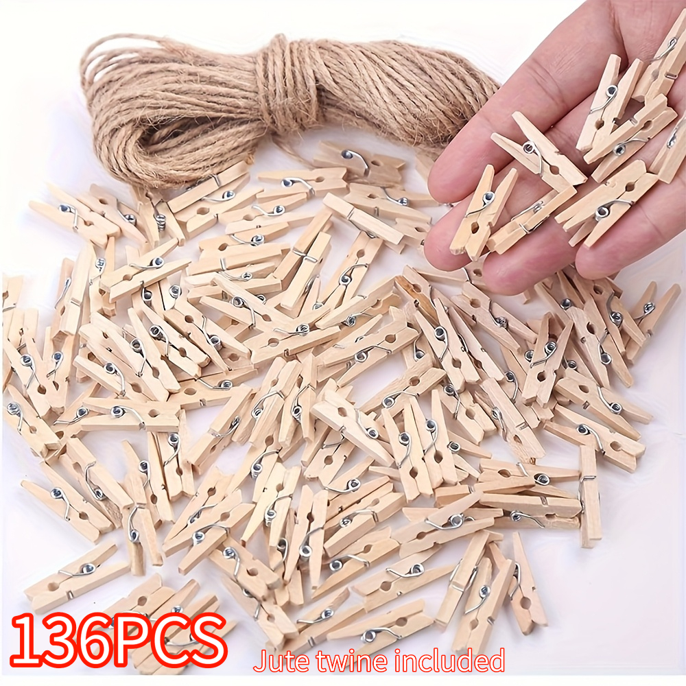TEMU 136pcs 1in Mini Wooden Clothespins With 33ft , Hardwood Photo Clips With Strong Springs For Crafts, Artwork, Party Displays And Home Decor