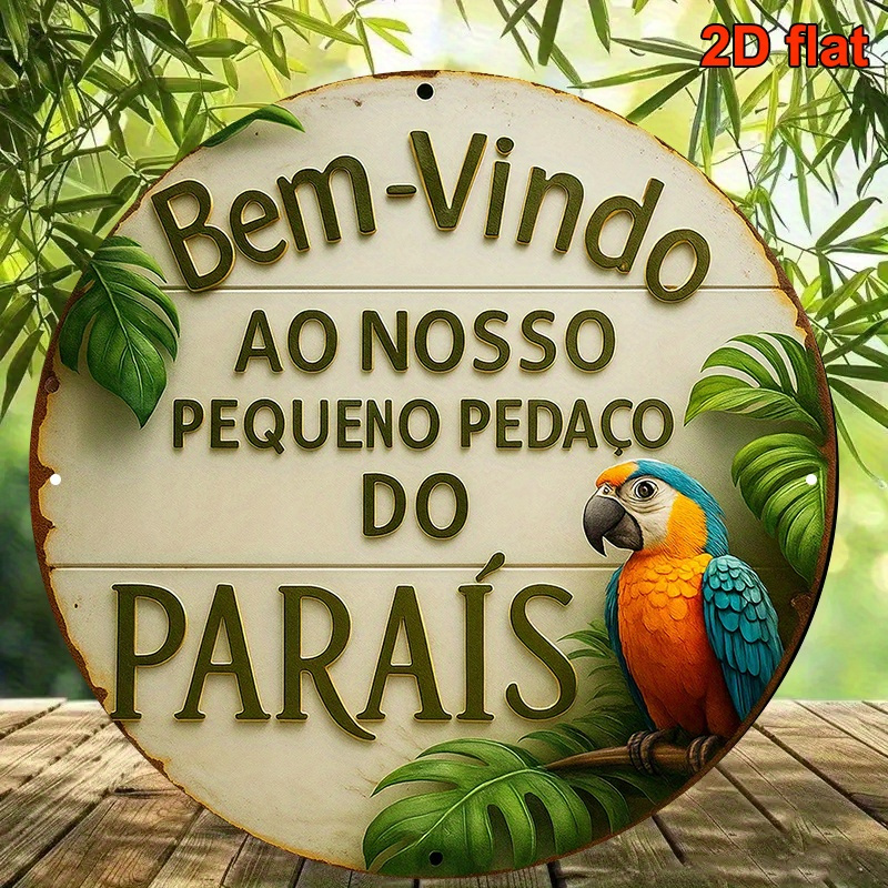 TEMU 2d Flat, 1pc Portuguese Welcome Sign - Round Vintage Brazilian Theme Wall Decor With Tropical Parrot And Portuguese Text " À Casa" - Lightweight