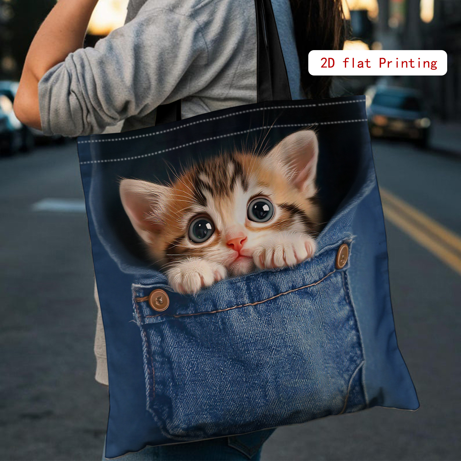 TEMU 夏の爽やかさ、大切な猫プリント ハンドバッグ、大容量ショルダーバッグ、トートバッグ＆なトート、再利用可能、学校、オフィス、ショッピング、家族の集まり、休日のイベントに最適
