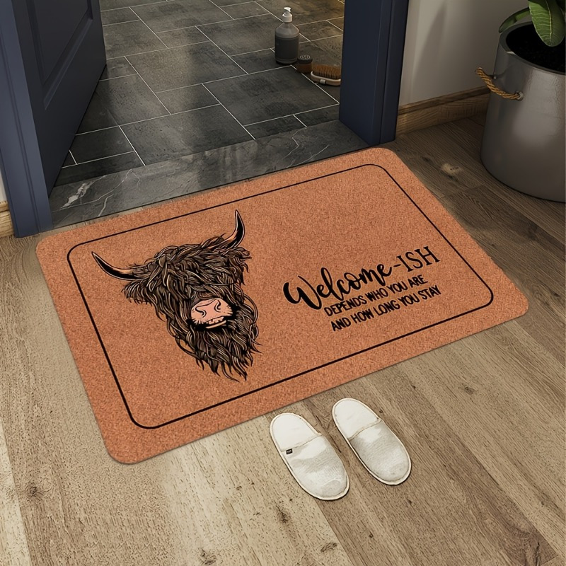 1pc welcome ish highland cow print doormat rectangular artificial leather mat for bathroom living room kitchen bedroom laundry home decor non slip machine washable polyester fiber bathroom ma