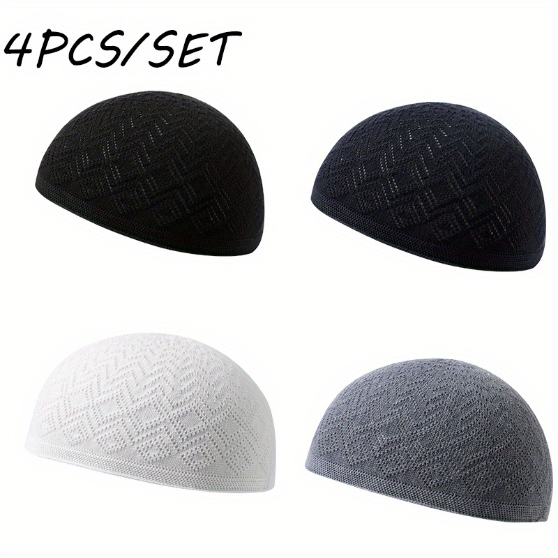 Set Of 4 Knitted Kufi Caps, Breathable And Suitable For Middle Eastern , Traditional Arab Headwear For Ramadan Celebrations With An Adjustable Closure