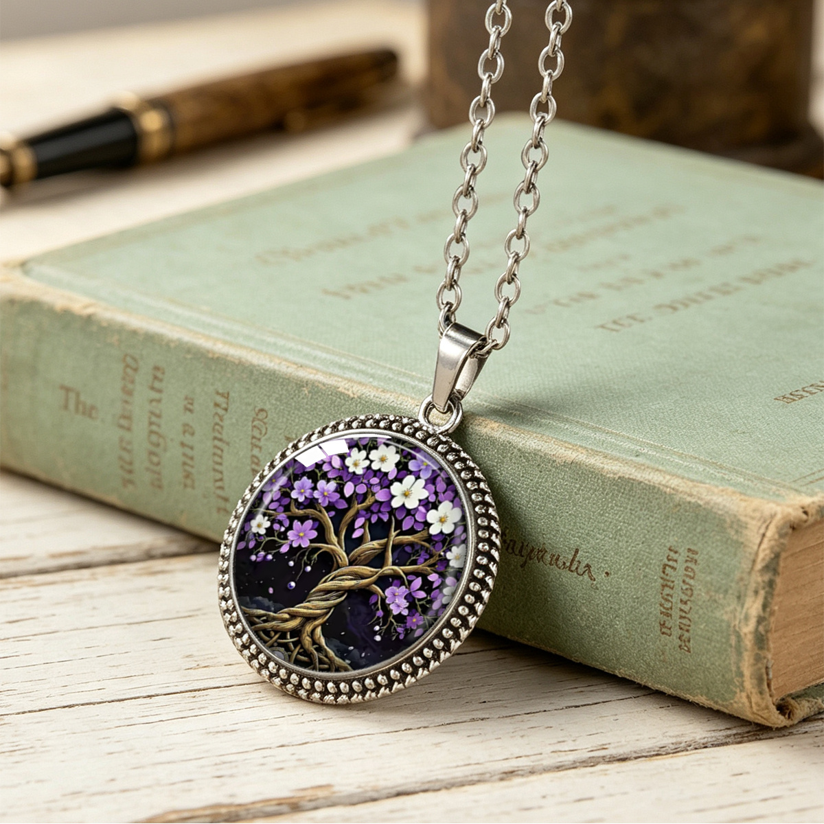 TEMU Collier pendentif 1 pièce Arbre des bohémien et fleurs violettes - Grand pendentif rond plaqué rhodium pour homme et femme, fermoir mousqueton,
