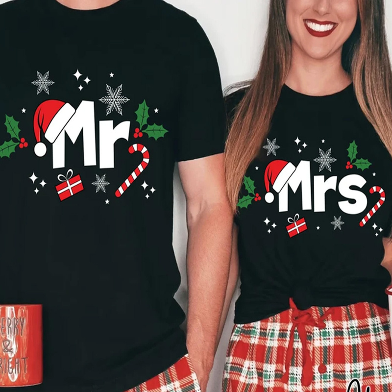 

Mr. & Mrs. Christmas Outfit - Cotton, Soft & Comfortable Casual T-shirts With Holiday Prints For Home & - Machine Washable, Wear