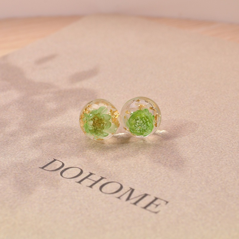 Resin Glass Ball Stud Earrings Multicolor Dried Flowers Hypoallergenic Posts