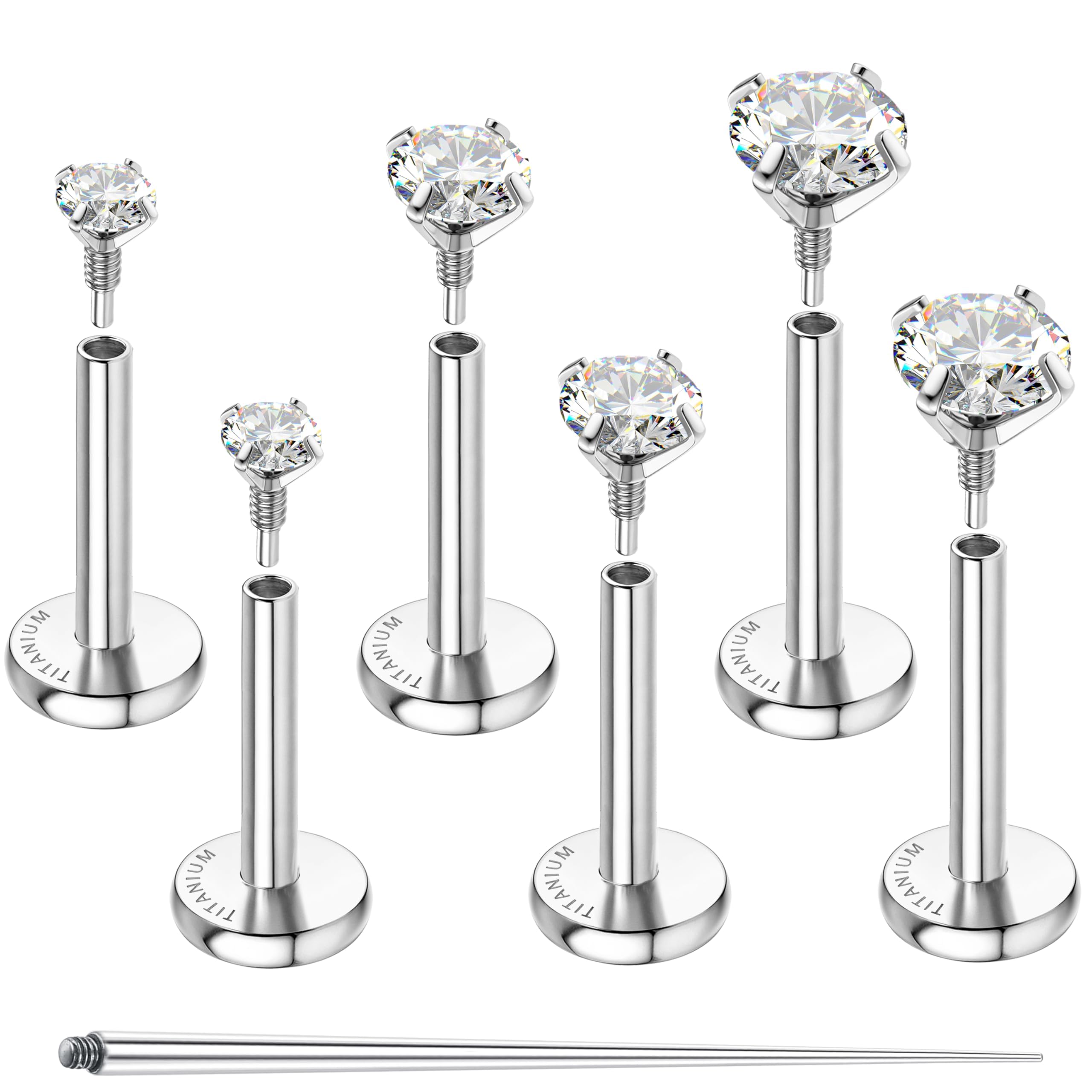 2d Flat - 3 Pairs G23 Implant Grade Titanium Flat Back Earrings Hypoallergenic Internal Thread Stud 16g 18g Cartilage Helix Tragus Conch Nose Lip Labret Piercing Jewelry For Women Men