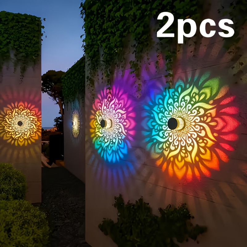 2 pack outdoor solar wall lights color changing mysterious mandala metal hollow exterior wall lamps suitable for wall farm porch fence lawn and tabletop atmosphere decoration beautiful christmas valentines day and birthday ornaments