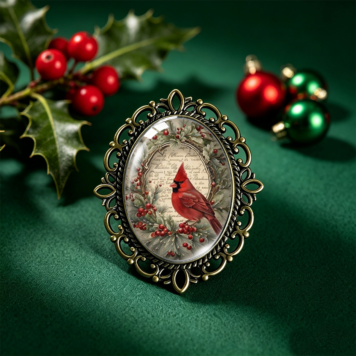 TEMU 1pc Broche en verre avec dentelle ovale bronze vieilli, motif de lettre manuscrite vieillie, représentant un cardinal rouge perché sur une