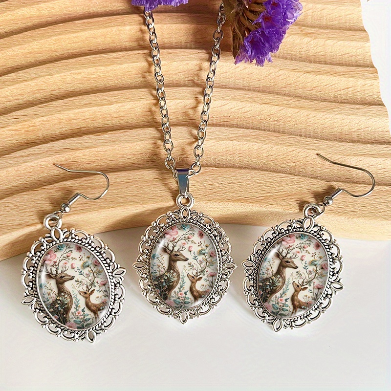 Image of 3pcs Fashion Floral And Deer Pattern Men's Lace Earring Necklace Set Glass Jewelry Additions