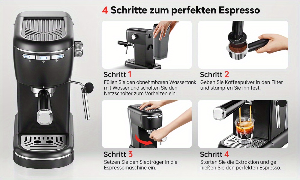 Automatic Espresso Machine with 15 Bar High Pressure, Cappuccino & Latte Maker, 3-Button Control & One-Touch Operation, 1 or 2-Cup Espresso Maker, Heavy-Duty Coffee Machine Suitable for, Office, Coffee Shop - Ideal Gift for Coffee Lovers, 1100W