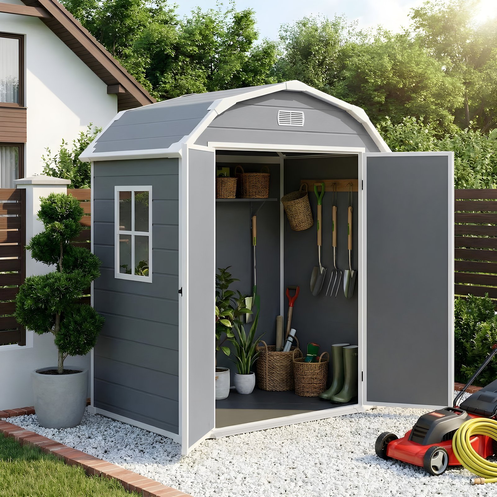 Outdoor Storage Shed, Resin Garden Tool Shed with Floor, Window, Vents, Lockable Door & Ramp, Weather-Resistant Waterproof Storage Shed with Floor Suitable for Patios, Gardens, Backyards, Construction Sites