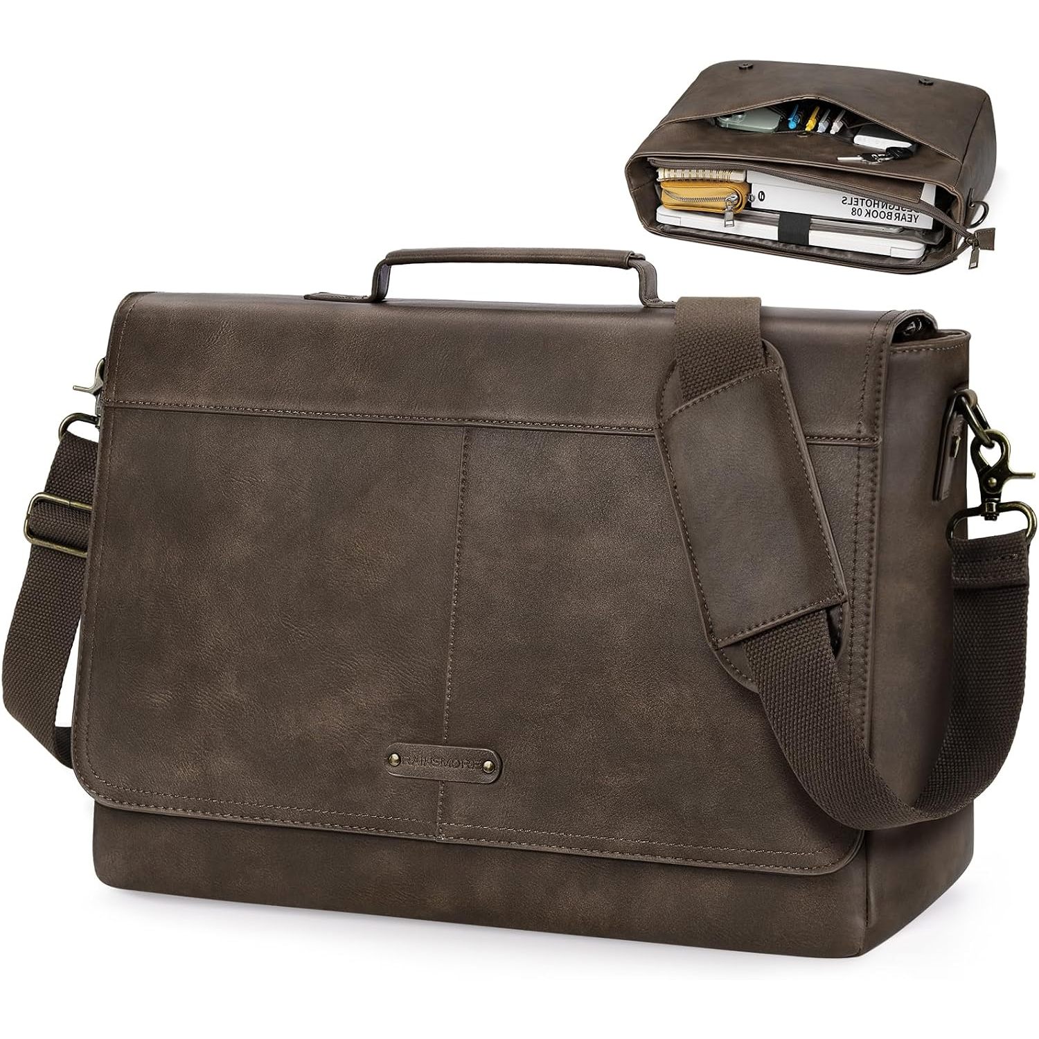 Image of Rainsmore Briefcase Men's 15.6 Inch Laptop Bag Bag Men's Shoulder Bag Made Of Faux Work Bag & Shoulder Bag For Office And University, Brown, Vintage