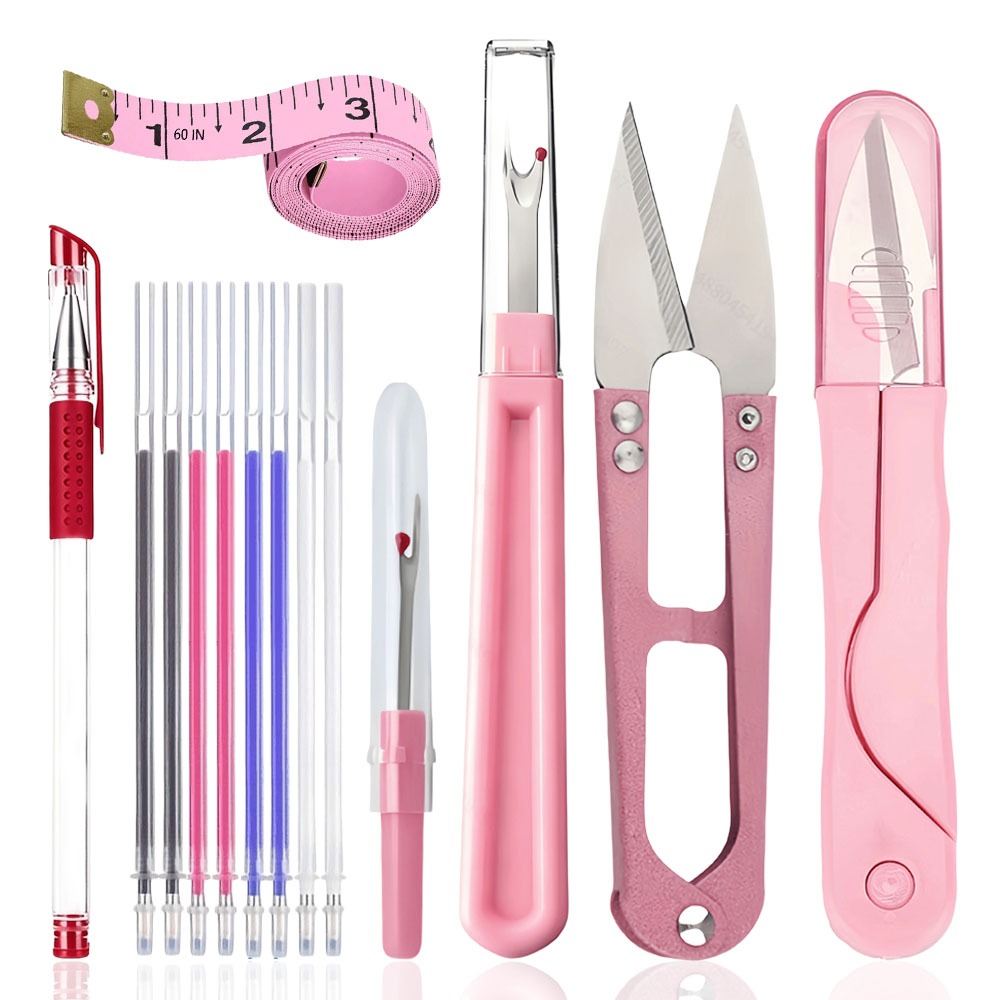 TEMU 14pcs Versatile Diy Sewing Starter Tool Set, Full Set Of Pink Sewing Craft Accessories Including Heat- Fabric Marker Pen, Multiple Color Pen