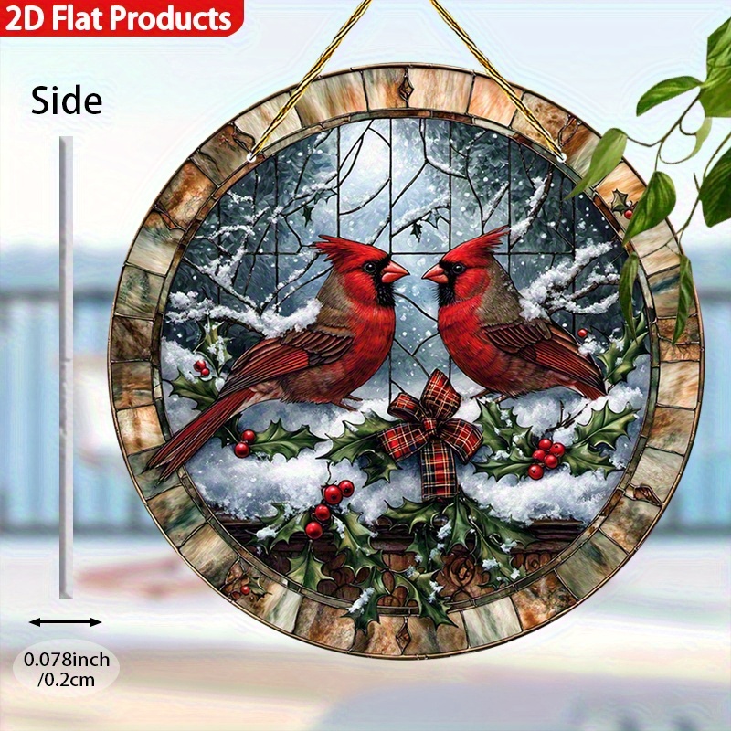 TEMU 2d Flat, 20cm Winter Acrylic Suncatcher Hanging Ornament, Featuring A Red Bird, , And Snowflakes, Acrylic Wall/window Hanging Decoration, For
