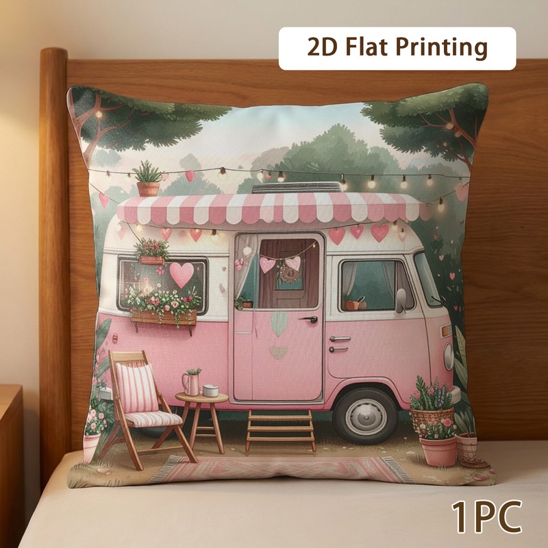 TEMU 1pc Printed Pink Striped Forest Potted Hearts Escape Cozy Pattern 18 X 18 Inch (45 X ) Pillowcase Polyester Double-sided Durable Washable Fade
