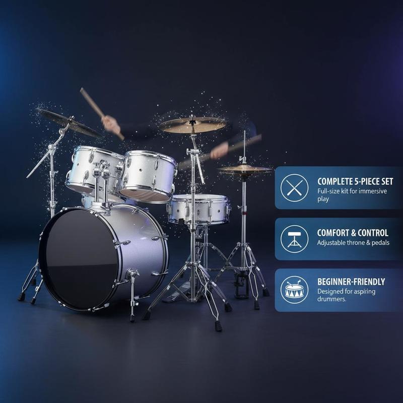 adult drum set 5pcs 558 8 mm   size drum kit with     snare floor drum adjustable throne stands cymbal   pedal and drumsticks beginner drum kit for adults silver durable local warehouse