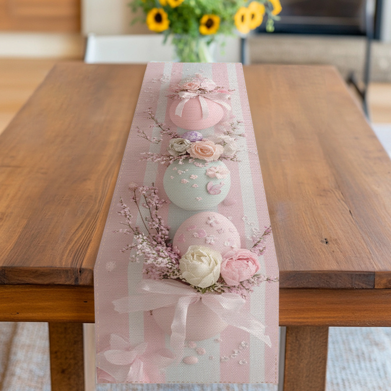 TEMU Tischläufer, Tischdecke, -Ei- Blumenmuster mit Blumen Schleifen, Pastelltöne, für Ostern, Frühling, Valentinstag, Geburtstag, Hochzeit mehr,