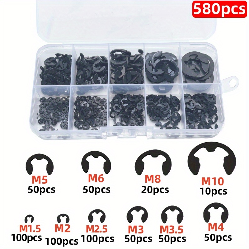 120/580pcs Carbon Steel Washer Combo Kit Circlip Retaining Ring For Shaft Fasteners