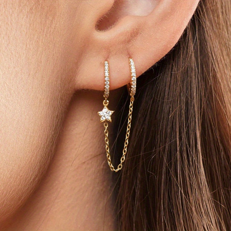 Image of 1pc Women's Dangling Earrings, Double Hoop Chain Attached Five-pointed Star With Rhinestones, European And Versatile Earrings, Women's Ear Accessories