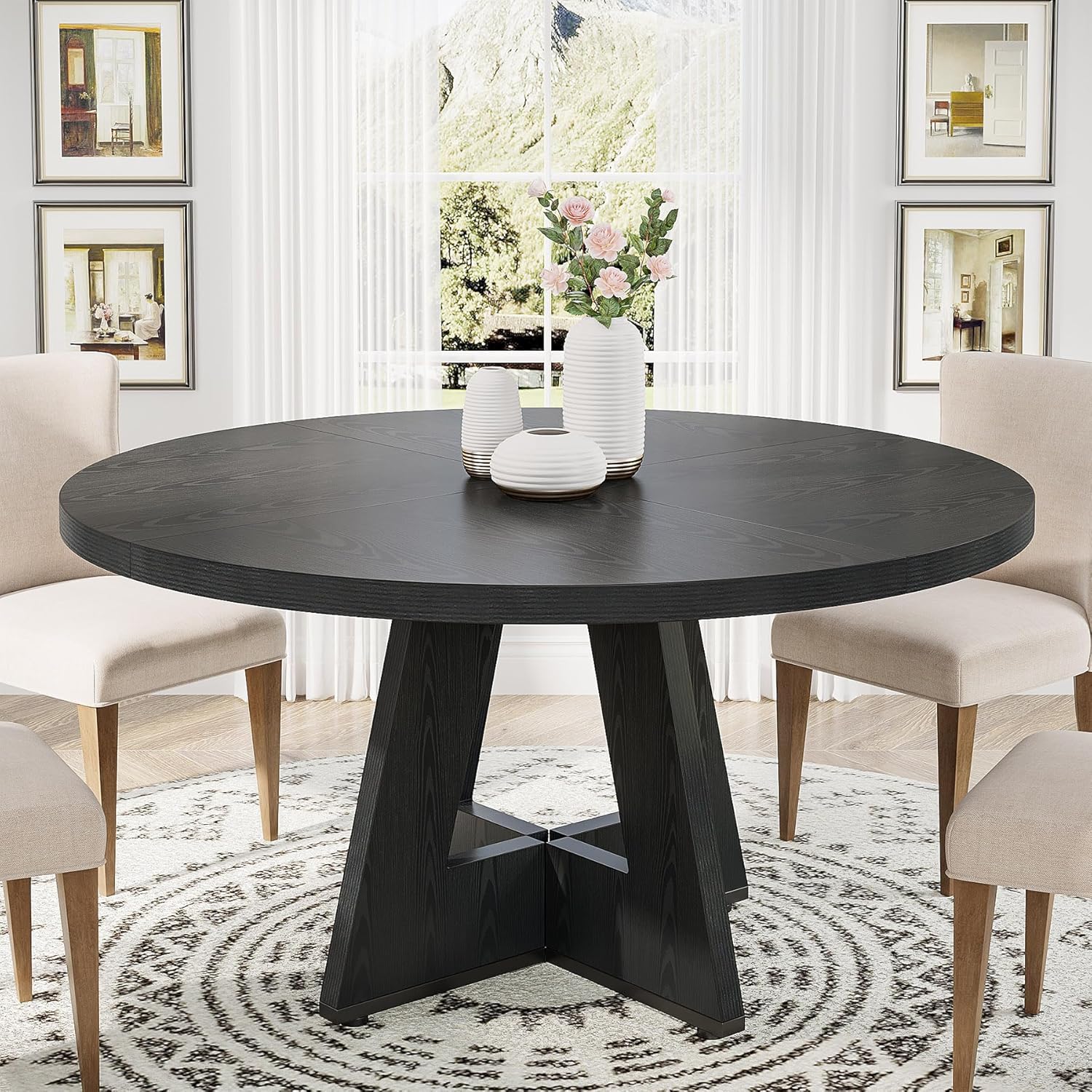 Round Wooden Dining Table, Kitchen Table For Dining Room, Living Room, 47 Inch Dining Tables For , Farmhouse Dining Table With Wooden Table Top And Cross Base, Black Table Only