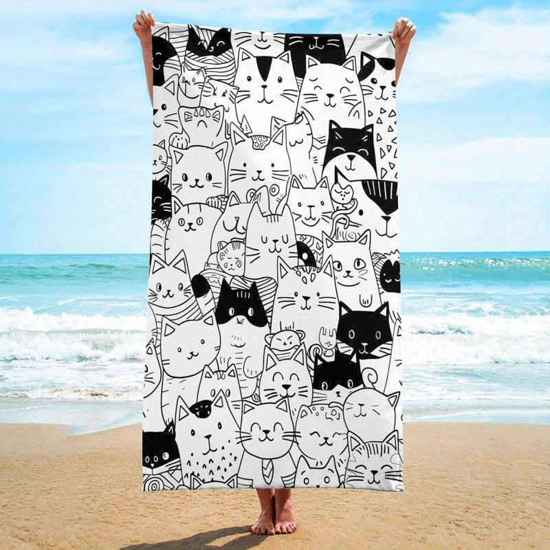 TEMU 1pc Extra Large Bath & Beach Towel - Super -dry Highly Absorbent, Cute Black And White Cat Pattern With Minimalist Kitty Faces - Lightweight &